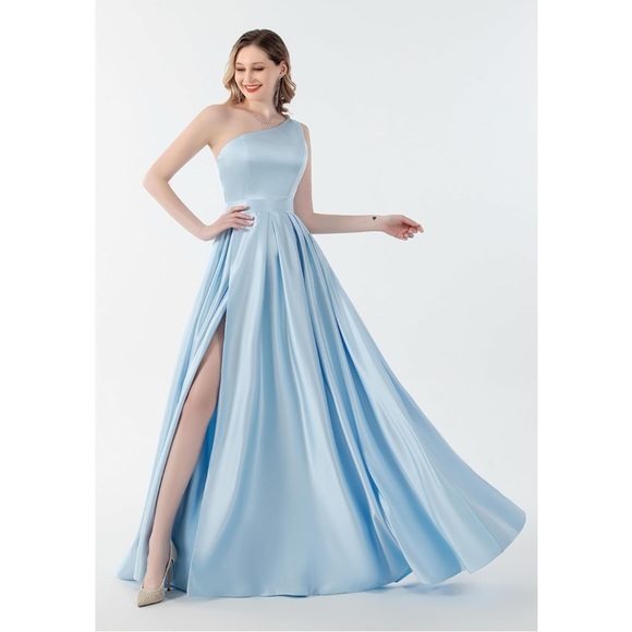 Women's One Shoulder High Slit Satin Corset Formal Gowns Evening Dress - Picture 4 of 5